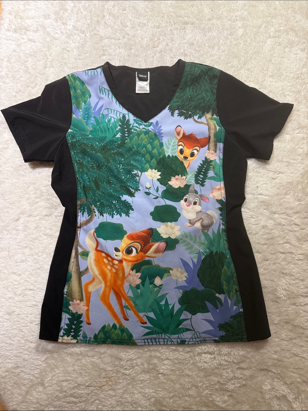 Disney Short Sleeve V-Neck Top in Black and Multicolor Forest Print